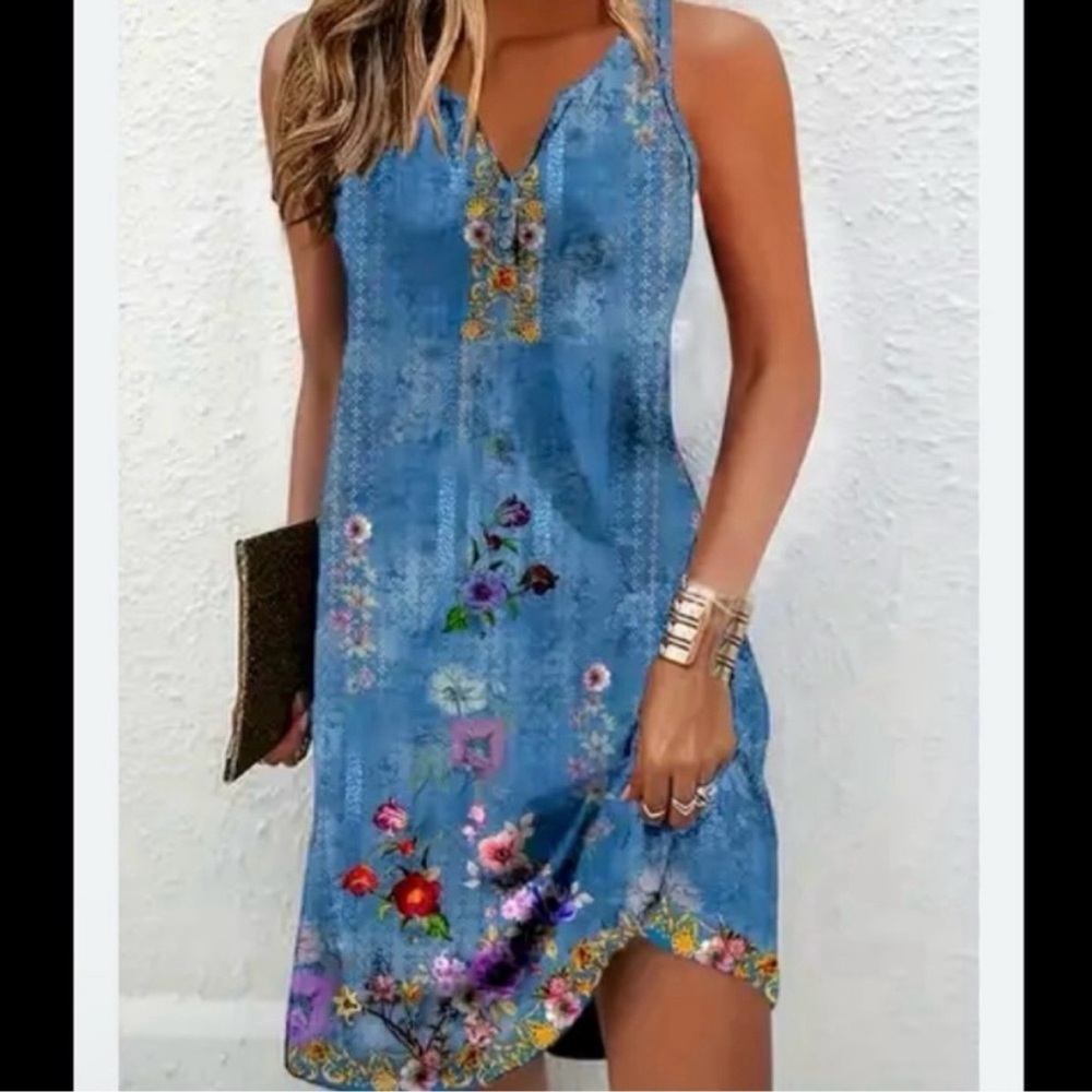 Temu Blue Floral Print Notched Neck Mini Sun Dress Size M